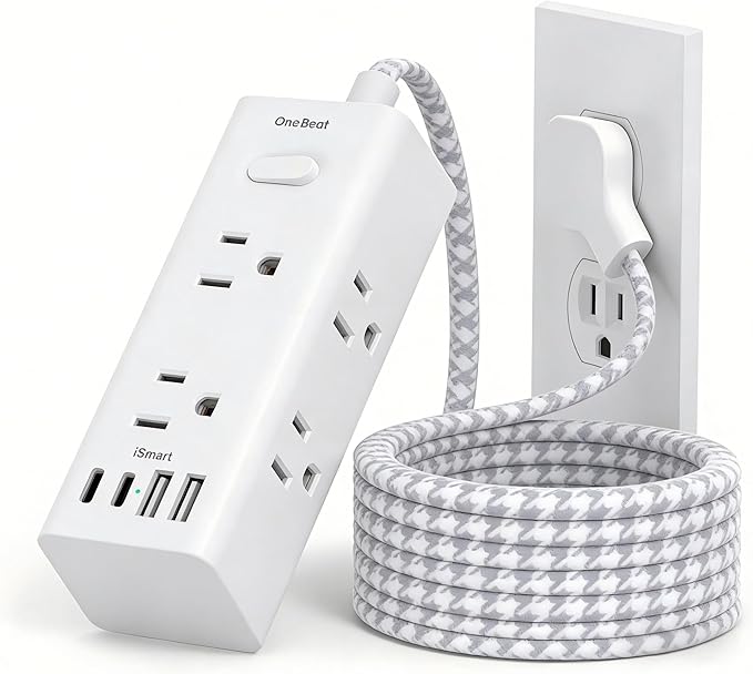 Flat Plug Extension Cord 5Ft, One Beat 5 Feet Surge Protector Power Strip with 6 Widely Outlets 4 USB Ports (2 USB C), 3 Way Wall Outlet Extender Extension Cord for Home Office College Dorm Room