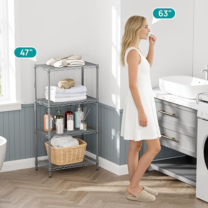 SINGAYE 4 Shelves Adjustable Storage Shelf Wire Shelving Rack Bathroom Standing Units Laundry Room Organization for Kitchen Office Bathroom Organizers Metal Pantry 14" D x 24" W x 48" H Gray