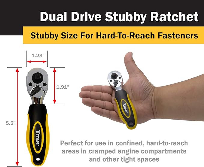 Titan 11050 1/4-Inch and 3/8-Inch Dual Drive x 5-1/2-Inch 72-Tooth Dual Head Stubby Ratchet