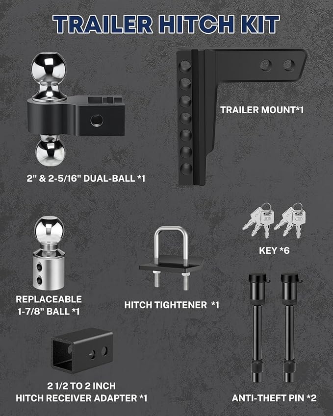 Kohree Adjustable Trailer Hitch with 3 Replaceable Balls for 2" & 2.5" Receiver, 6" Drop/Rise, 12,500 lbs GTW Heavy Duty Aluminum Hitch Kit with Lock, Fits Trucks, SUVs, RVs, Class III & IV Vehicles