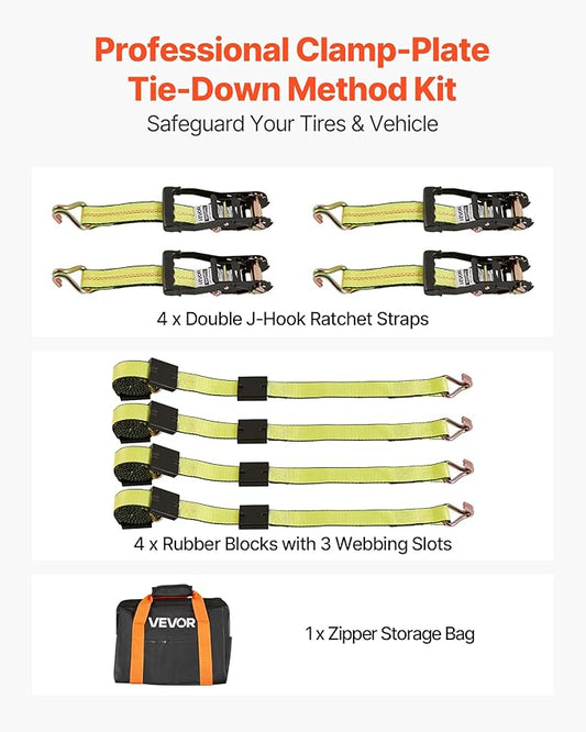 VEVOR Wheel Chock Tie-Down Kit, Deck-Style Trailer Tie Down Strap, Car Tie Down Kit with J-Hook, Break Strength 10009 lbs & Working Load 3333 lbs Motorcycle System for SUVs, Trailers, Trucks