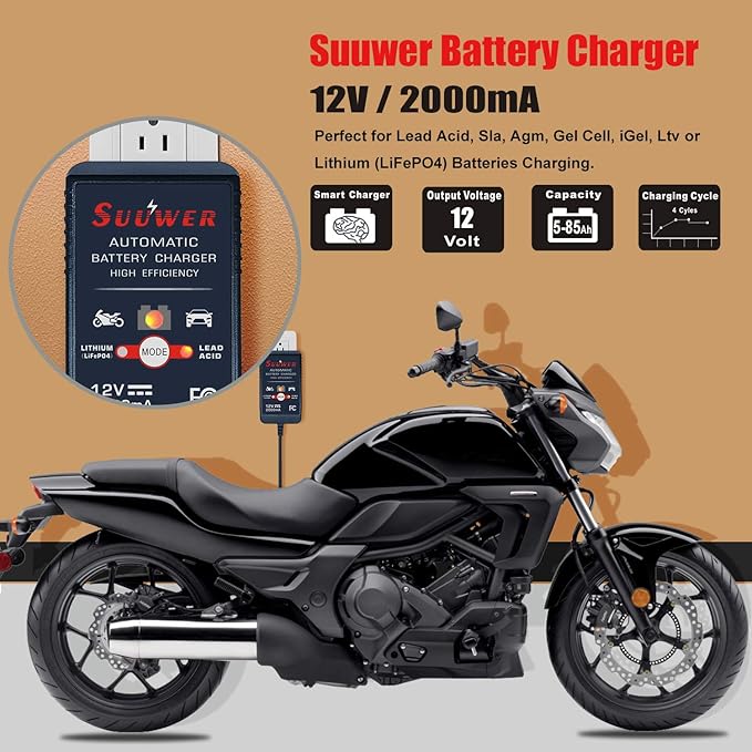 12V 2-Amp Fully-Automatic Smart Battery Charger & Maintainer with 12FT Cord, SAE Connector, Alligator Clips, OT Terminals for AGM, SLA, Lead Acid & LiFePO4 - Car, Motorcycle, ATV, Boat