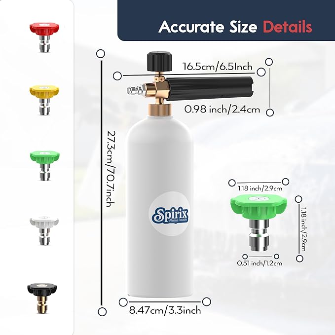 Foam Cannon for Pressure Washer – Adjustable Snow Foam, Car Wash Foam Cannon & Soap Cannon Attachment with 1/4" Quick Connector, 1L Bottle, 5 Switchable Nozzles