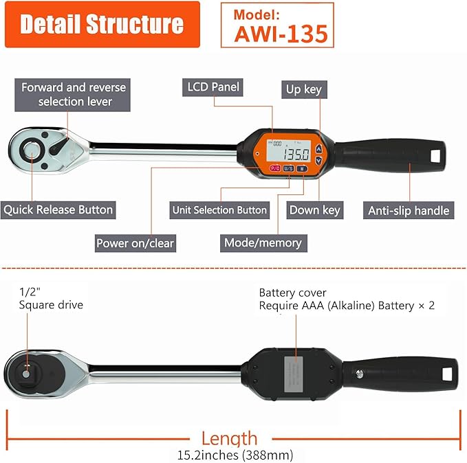 SUG Mini Digital Torque Wrench (1/2-Inch, 2.9-99.6 ft-lbs/4.0-135.0 Nm)