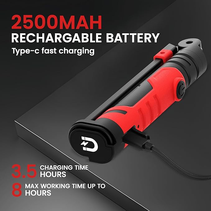 Rechargeable Work Light 2500mAh Magnetic LED Work Light Flashlight Mechanic Light Tool for Men Him, Foldable Lamp with Hook for Car Repair Emergency BBQ Grill (4 Pack)