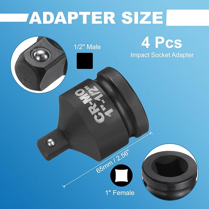 HARFINGTON 4pcs Impact Socket Adapter 1" Female to 1/2" Male Square Drive Reducer Standard SAE CR-MO Steel Converter Impact Driver Ratchet Wrench Breaker Bar Conversion, Black