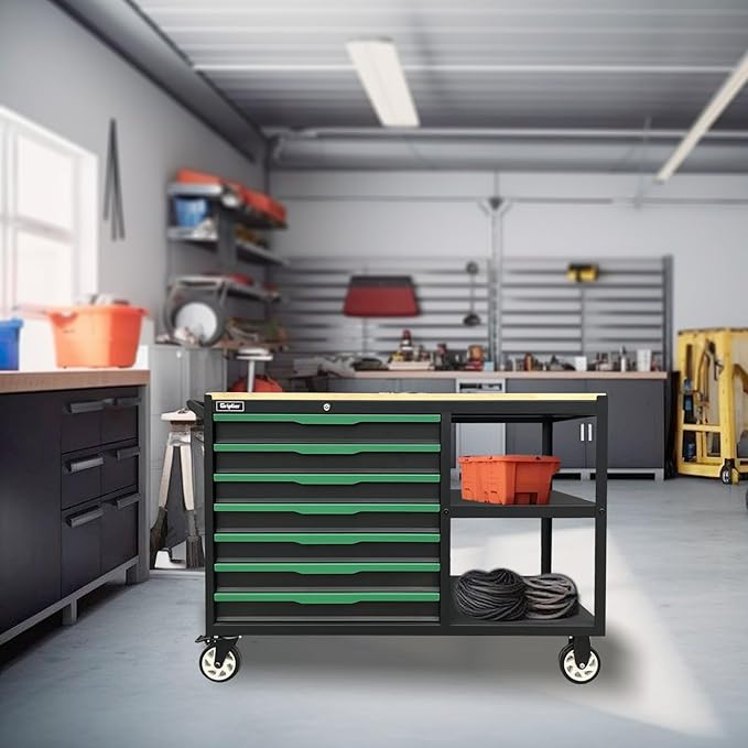 7-Drawers Professional Tool Cart Cabinet,Rolling Tool Chest with Double Shelves,Wood Workbench,Brake Wheels,51.1W x 18.9D x 32.3H inches for Garage, Workshop, or Outdoor Use(7 Drawers)