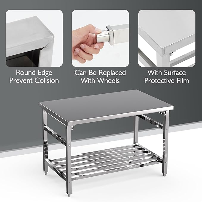 48" x 30" Stainless Steel Commercial Work Table, Heavy Duty Folding Stainless Steel Prep Table with Adjustable Undershelf for Restaurant, Kitchen, Food Service, Space-Saving, No Installation Required