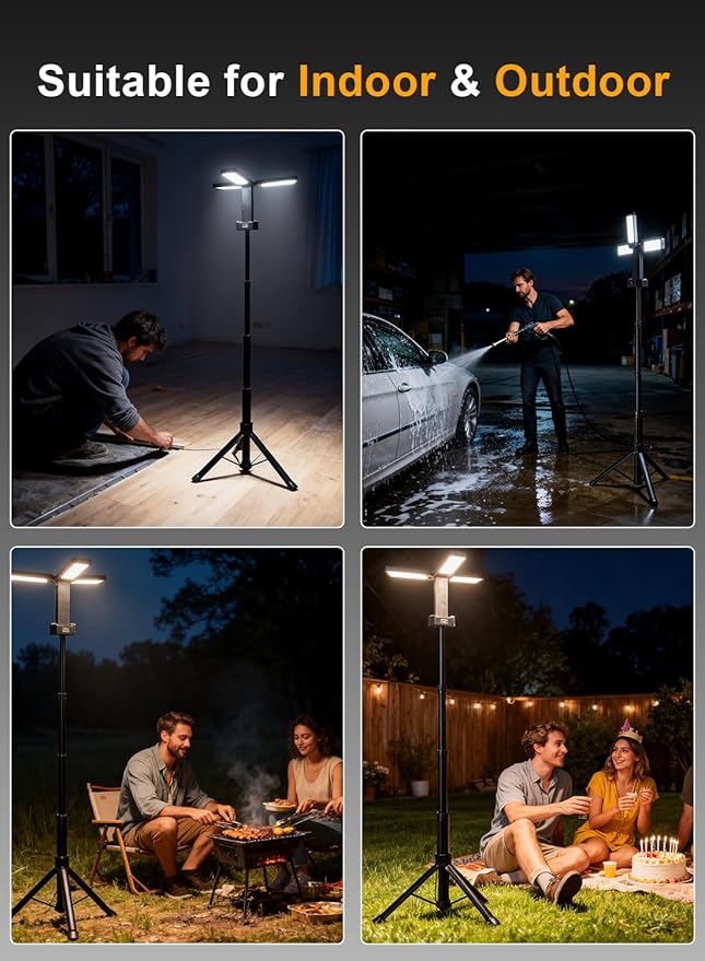 12000mAh Rechargeable LED Work Light with 74.8" Tall Stand, 2000/2500/3000 Lumens, Portable Cordless Work Light, 3000K/4500K/6000K Dimmable Camping Light with Detachable Tripod (Carrying Bag Included)
