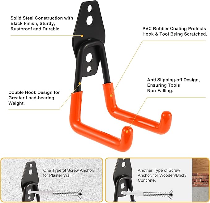 Steel Garage Hooks Wall Tool Organizer, 12 Pack Garage Storage Hook Heavy Duty Utility Storage Hangers Orange for Ladders, Ropes, Garden Tools