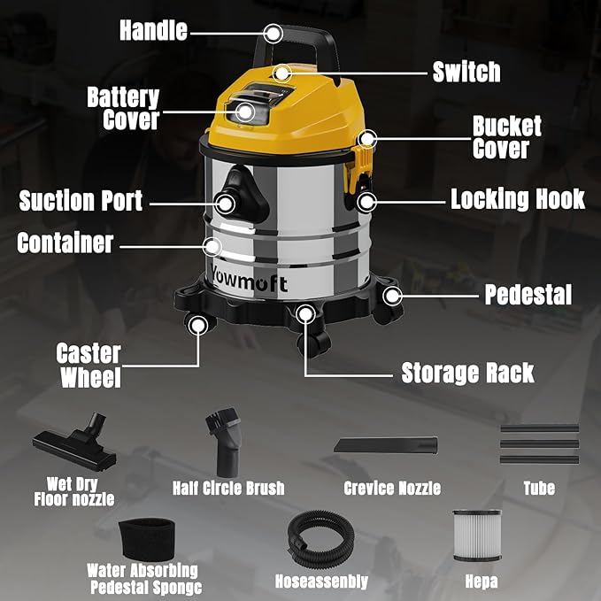 4 Gallon Cordless Shop Vac Compatible with Dewalt 20V Battery, Cordless Shop Vacuum Wet and Dry with 16 Kpa Strong Suction & Blower, Battery Powered Shop Vac for Car, Home and Garage (with Bat)