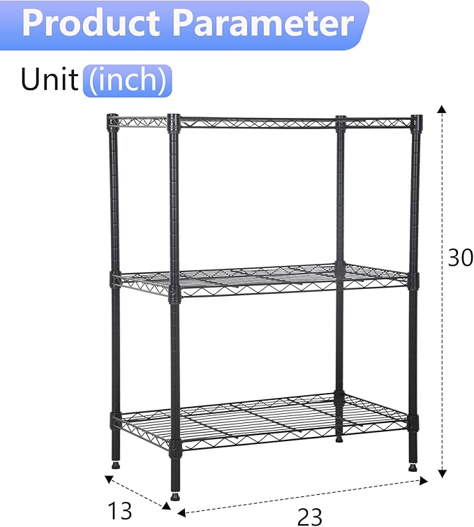 FDW Wire Shelving Units Adjustable Metal Storage Rack 23D x 13W x 30H 3 Tier Pantry Shelves NSF Kitchen Shelf for Kitchen Garage Commercial Small Places,Black