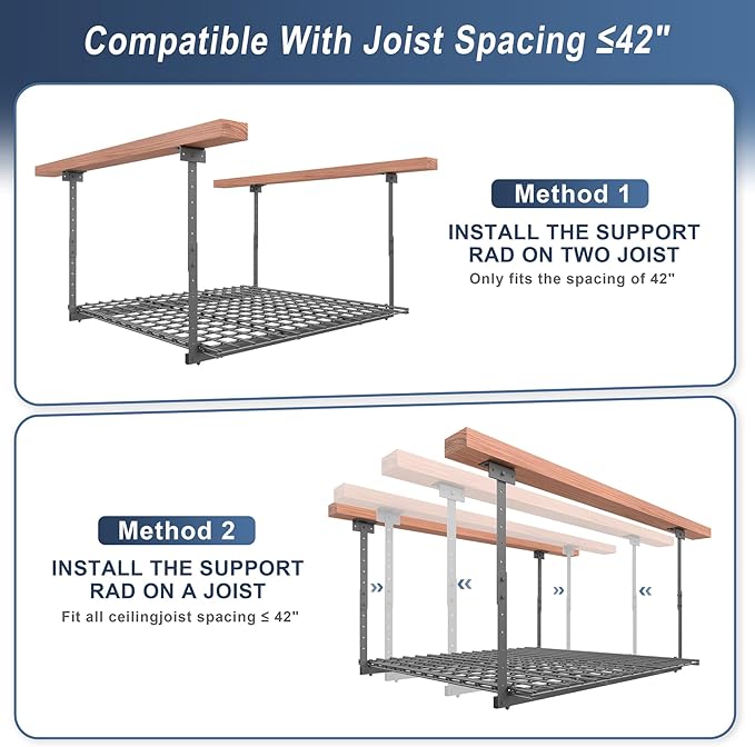 Jusgym 45-Inch x 45-Inch Overhead Garage Storage Rack, 17"-28" Height Adjustable Garage Ceiling Storage Racks, Heavy Duty Storage Organizer System, 250LBS Weight Capacity, Black