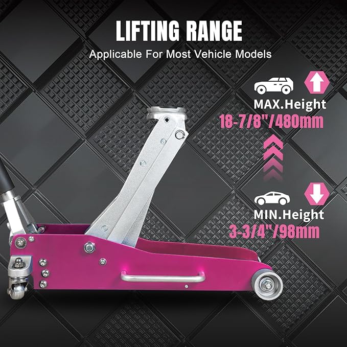 Torin AT830003XLP Aluminum Floor Jack with Dual Piston Quick Lift: Floor Jack with Quick Lift Pump, 3 Ton (6,000 lb) Capacity, Pink