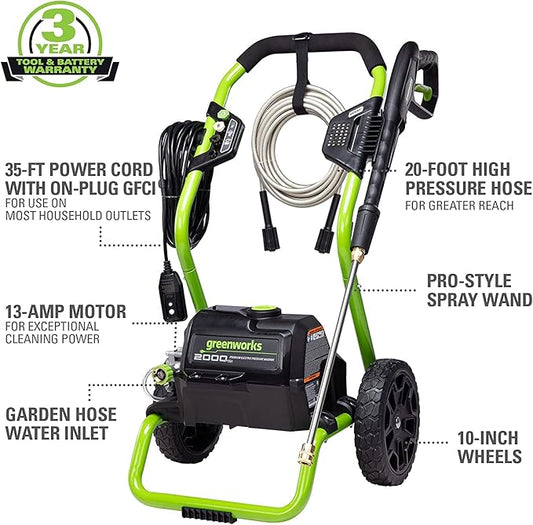 Greenworks 2000 PSI (13 Amp) Electric Pressure Washer (Wheels For Transport / 20 FT Hose / 35 FT Power Cord) Great For Cars, Fences, Patios, Driveways