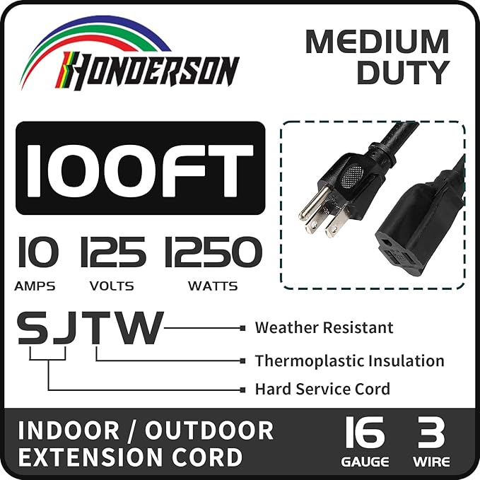 100FT Outdoor Extension Cord-16/3 SJTW Durable Black Extension Cable with 3 Prong Grounded Plug for Safety,Great for Outside Christmas Decorations