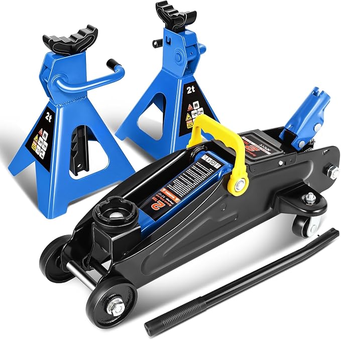 PM PERFORMOTOR Low Profile Hydraulic Trolley Service/Floor Jack Combo with 2 Ratchet Jack Stands, 2 Ton (4000 lbs) Capacity, Blue, PM-TOL-FJ3P-BL