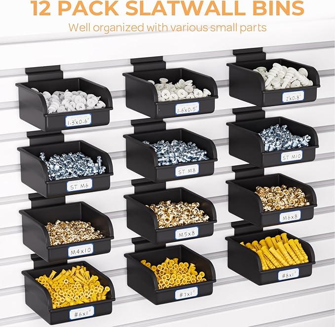 INCLY 12 Pack Slatwall Bins with Hooks, Plastic Slatwall Accessories Containers Bins for Slat Wall Panels Organizing Hardware, Garage, Craft Room, Kitchen, Tool Shed, Workbench