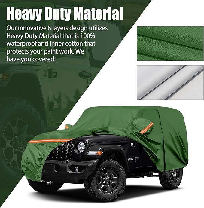 Waterproof Car Covers Replace for 2007-2025 Jeep Wrangler 2 Door, Multilayer Heavy Duty with Cotton Liner All Weather Car Cover with Zipper Door, Windproof Bands for Snow Rain Dust Protection