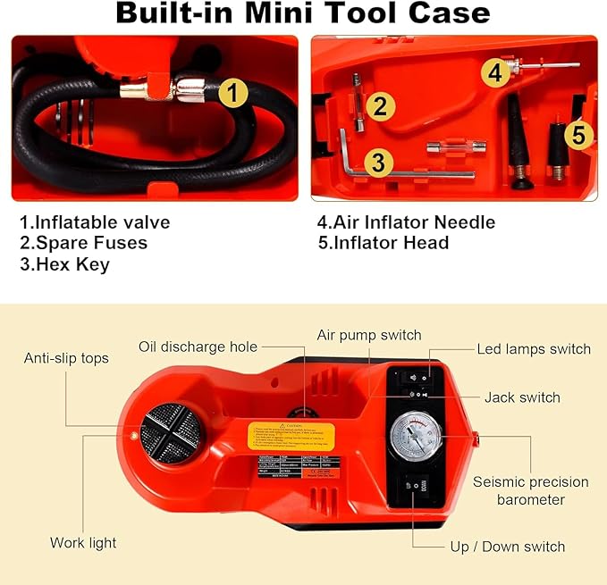 Electric Car Jack Kit 5 Ton 12V Floor Jack with Impact Wrench and Tire Inflator Pump Portable Hydraulic Car Jack for SUV Sedans Tire Change with LED Light, Lifting Height 6 to 17.7 Inch