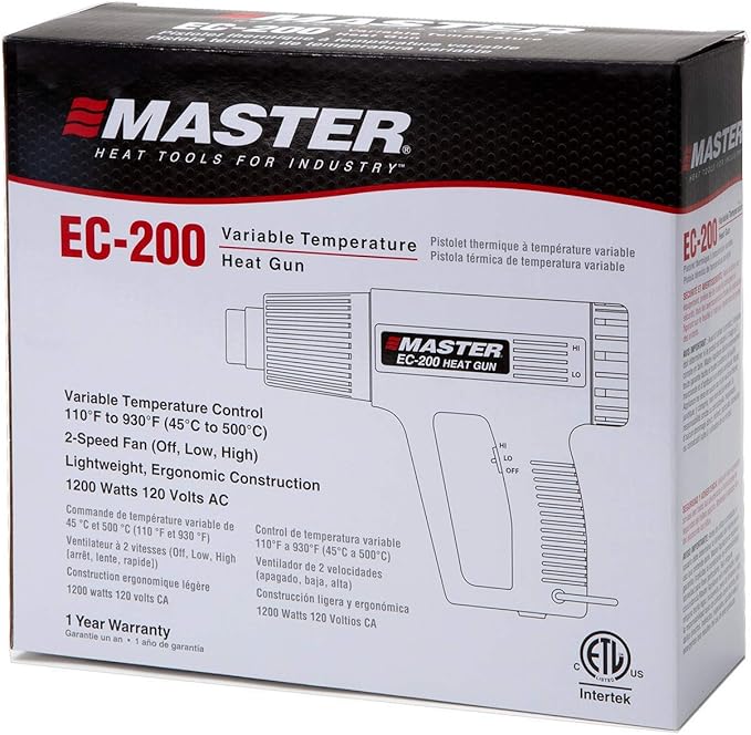 Master Appliance EC-200 Variable Temperature Heat Gun, Hot Air Gun, 120V, 10 Amps, 1200W, for shrink wrap, wire connectors, shrink tubing, crafts, stripping paint