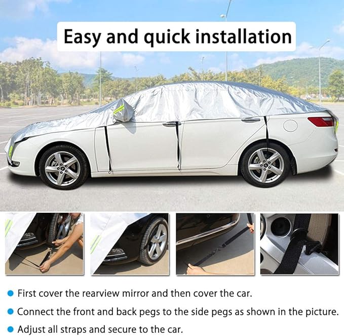 Half Car Cover with Cotton All Weather Car Body Cover Sunshade Cover Snow Cover Waterproof Snowproof Universal (Fit Sedan Length 176'' to 194'')