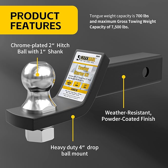 MaxxHaul 50547 Trailer Hitch Mount with 2 inch Ball and Pin - Fits 2 inch Receiver 2 inch Drop 7,500 lbs Capacity