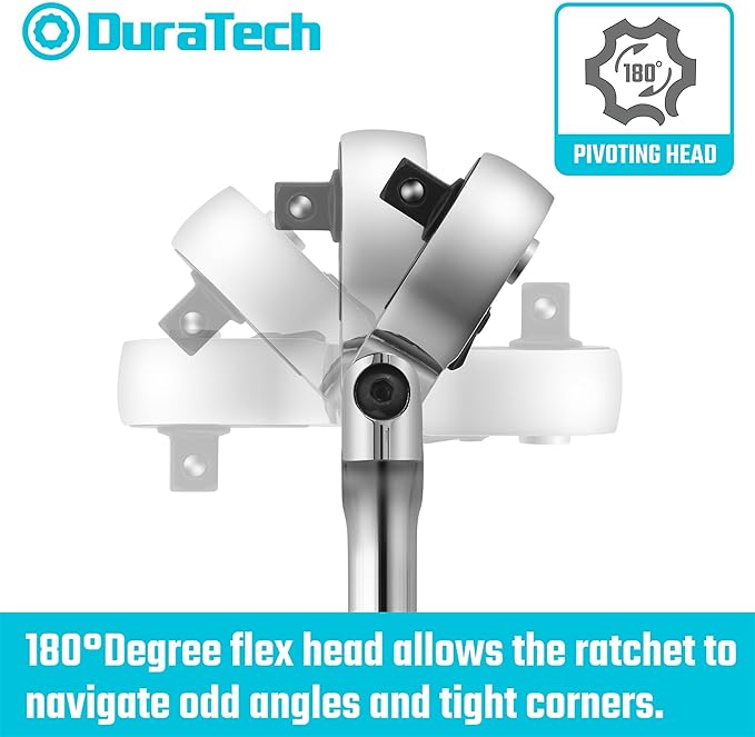 DURATECH 1/4" Drive Flex-Head Ratchet, 72-Tooth Ratchet Wrench, Quick-release, Reversible Switch, Full-Polished Chrome Plating, Alloy Steel