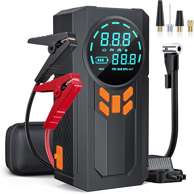 Jump Starter with Air Compressor, 5000A 160PSI Battery Jumper Starter Portable (9.0 Gas/8.0L Diesel), 12V Jump Box Car Battery Jump Starter with Smart Jumper Cables, LED Light, LCD Display