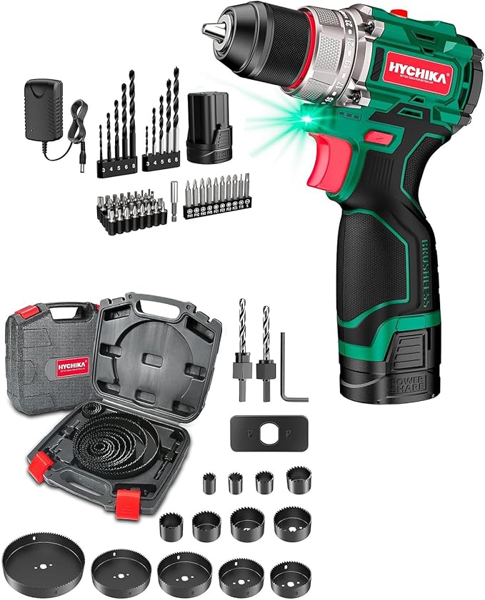 HYCHIKA 16.8V Brushless Power Drill Driver, Hole Saw Kit 3/4"-6"(19-152mm), Tool Combo Kit