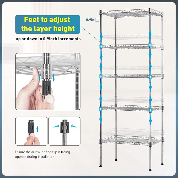 BestOffice Adjustable NSF-Certified Metal Shelf Wire Shelving Unit Storage for Small Places Restaurant Garage Pantry Kitchen Garage Rack (Chrome, 16.7L×11.8W×47.6H)