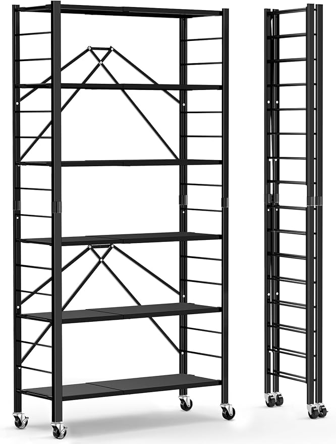 Himix 6 Tier Foldable Storage Shelves, Expandable Folding Bookshelf with Wheels, Changeable into 2 Shelf Units, Collapsible Adjustable Storage Rack Metal Shelves for Garage, Kitchen, Black