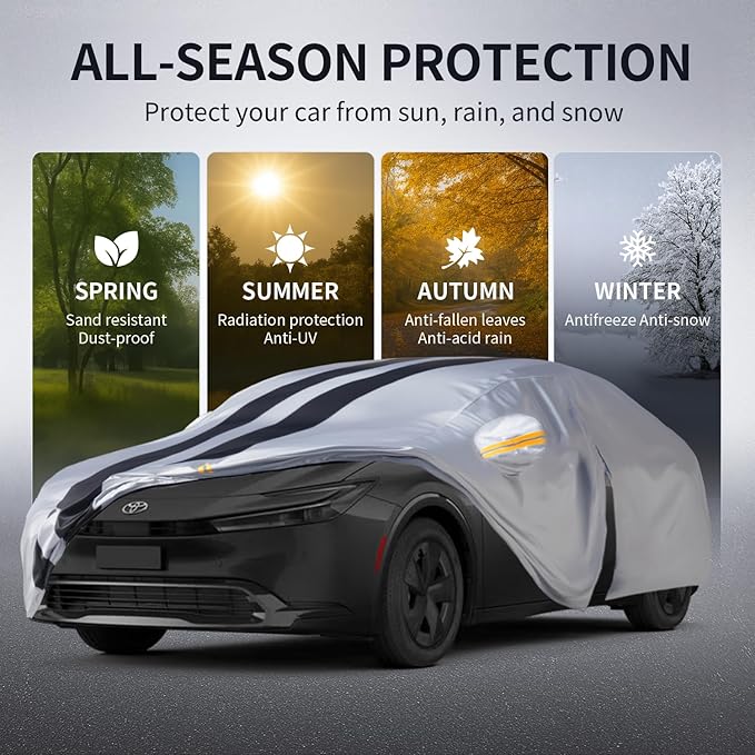 Multi-Layer Car Cover Custom Fit for Toyota Prius(2011-2026), 100% Waterproof All Weather for Automobiles, Gift with Towel, Heavy Duty Car Covers for Rain Sun UV Protection with Door Zipper