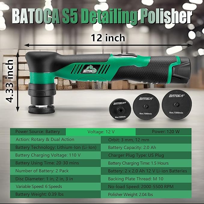 BATOCA S5 Cordless Car Buffer Polisher Sander Dual Action & Rotary Polishing Machine 1/2/3 Inch Polishing Pads for Car Detailing,6 Variable Speeds 2000-5500RPM,Mini Polisher for Car Motorcycle Polish