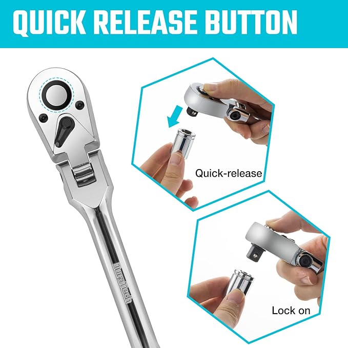 DURATECH 3-Piece Flex-Head Ratchet Set, 1/4", 3/8", 1/2" Drive Ratchet, 72-Tooth with Quick-Release Reversible Design, Chrome Alloy Made, Fully Polished, Organized in Storage Case
