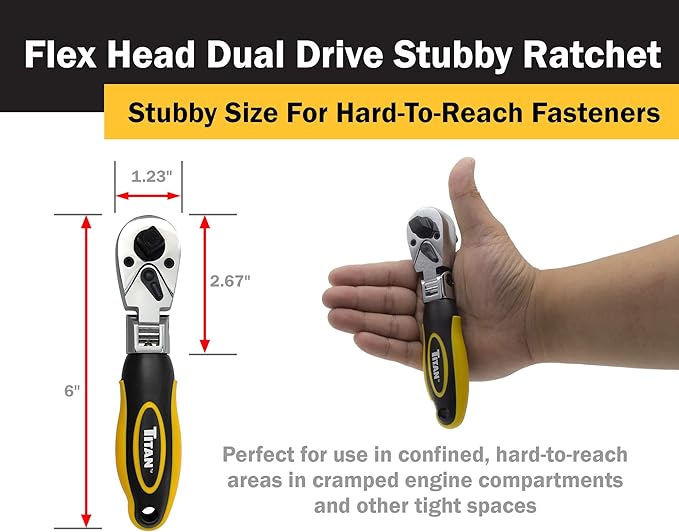 Titan 12351 3/8-Inch and 1/2-Inch Drive x 6-Inch 72-Tooth Flex Head Dual Head Stubby Ratchet