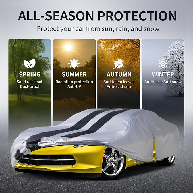 Multi-Layer Car Cover Custom Fit for Chevy Corvette C4/C5/C6/C7(1980-2026), 100% Waterproof All Weather for Automobiles, Gift with Towel, Heavy Duty Car Covers for Rain Sun UV Protection with Zipper.