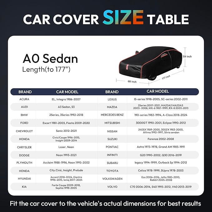 Car Cover Waterproof All Weather, All-Around Fastening 60s Quick-Install, 4 Upgrades for Sedans up to 177in Car Cover