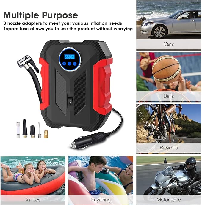 Digital Air Compressor for Car Auto Pump Portable Tire Inflator with LED Light DC 12V, Red