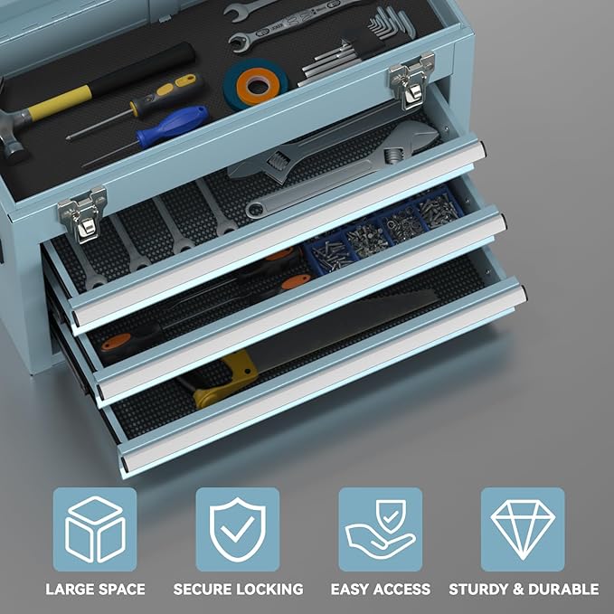 3-Drawer Tool Box, Tool Storage Cabinet, Tool Chest and Locking Mechanism, Metal Tool Cart for Garage Workshop and Room Use (Blue)
