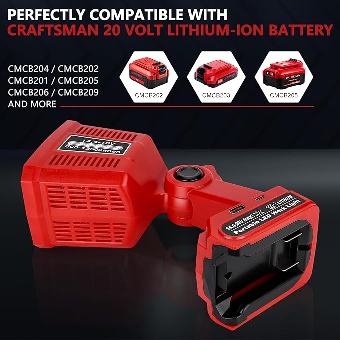 Taingwei LED Flashlight for Craftsman V20 Battery, 18W LED Work Light,LED Battery Light, Flood Light for Camping, Car Repairing, Emergency and Job Site Lighting（Batteries Not Included）