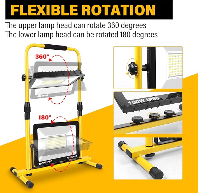 Willpower Portable Stand LED Work Light, 2X 100W 20000LM Floodlights Folding Job Site Security Lights for Camping Workshop Garage Garden Outdoor Lighting, 5M Wire with Plug, IP65, 6000K White