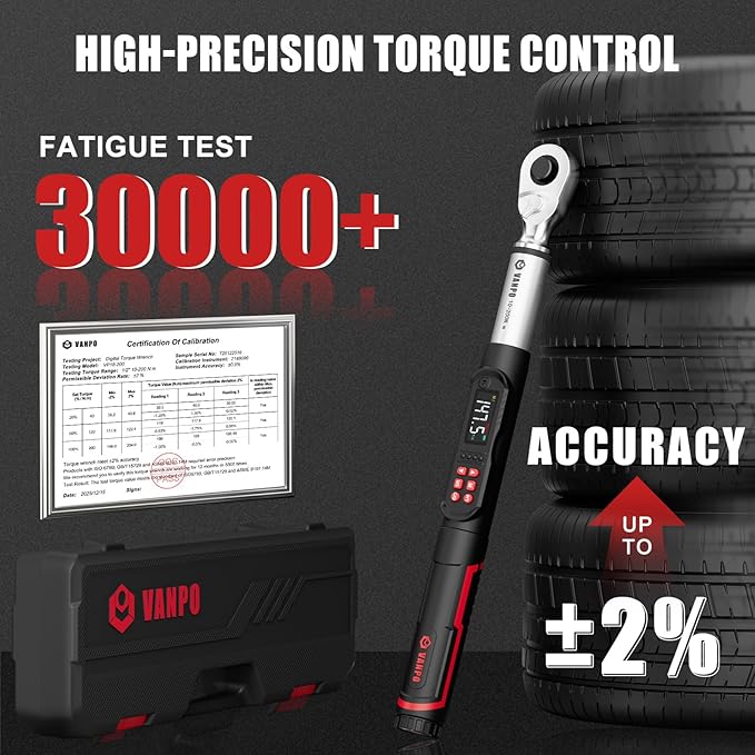 VANPO 1/2-Inch Digital Torque Wrench, 7.38–147.5 ft-lb/10–200 Nm, ±2% Accuracy, Electronic Torque Wrench with LCD Display, Audible & Vibration Alert, Easy Battery Access, for Automotive Maintenance