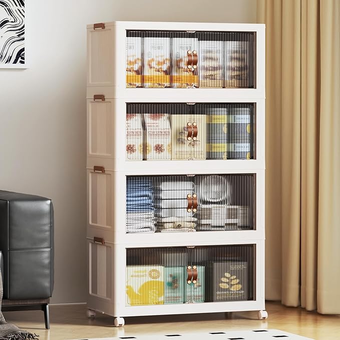 SAILUN 127Gal/508Qt Extra Large Stackable Storage Bins Folding Collapsible Storage Bins with a Lid, Closet Organizers Blush White 28" W x 17" D x 61" H