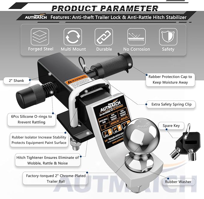 AUTMATCH Trailer Hitch Ball Mount with 2 Inch Hitch Ball - Fits 2" Receiver with Hitch Tightener, 8000Lbs Capacity Ball Hitch, 2-Inch Drop with 5/8" Hitch Lock Pin, White & Black