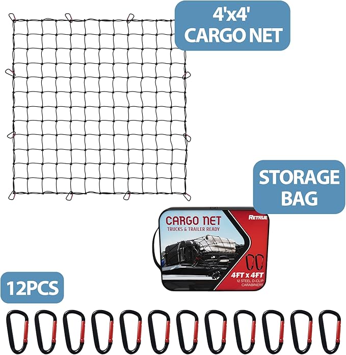 Cargo Net for Pickup Truck Bed 4' x 4' Stretches to 8' x 8' with 12 Metal Carabiners - Truck Bed Accessories for Dodge RAM, Ford, Chevy, Toyota