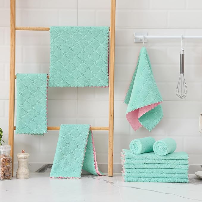 Mordimy 24 Pack Kitchen Towels (20" x 10", Green & Pink), Super Soft and Absorbent Dish Towels, Coral Velvet Microfiber Cleaning Cloth, Nonstick Oil Fast Dry Dish Cloths