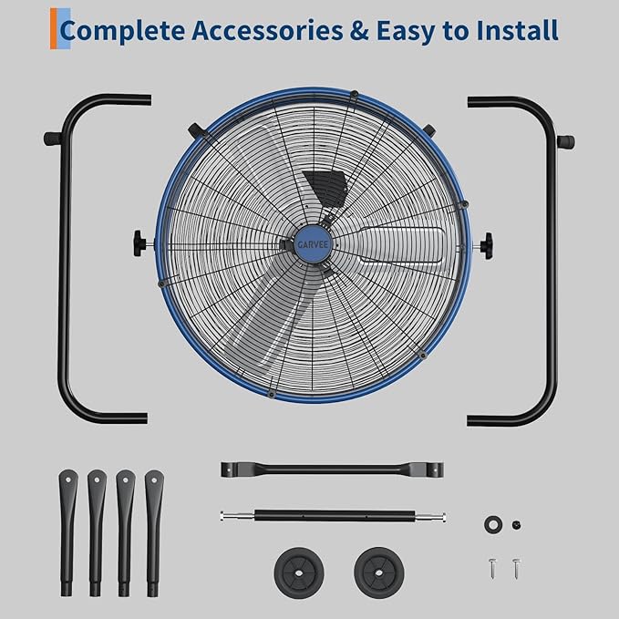24 in Industrial Floor Fan, Heavy Duty Industrial Floor Fan with Adjustable 3 Speed 4800-8800 CFM Cooling, for Industrial Commercial Space Garage, Metal Blades/360° Rotation, Blue