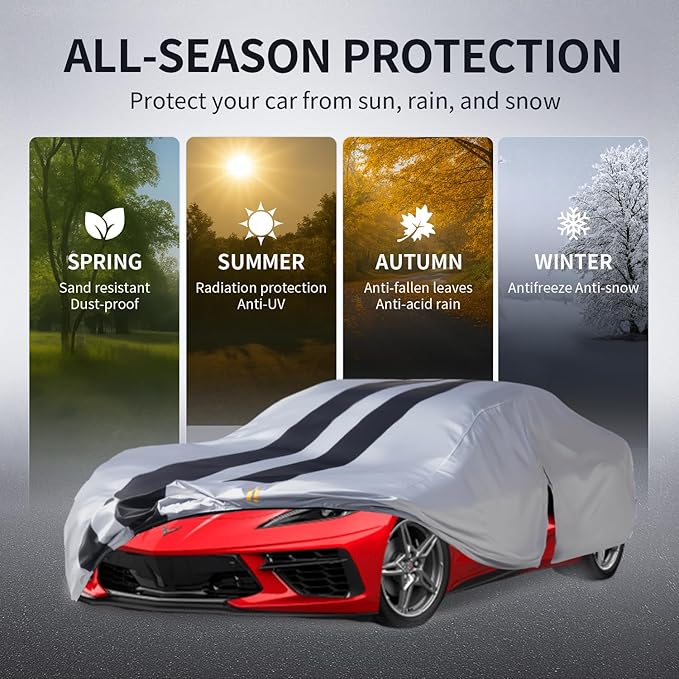 Multi-Layer Car Cover Custom Fit for Corvette C8/C3(1968-2026), 100% Waterproof All Weather for Automobiles, Gift with Towel, Heavy Duty Car Covers for Rain Sun UV Protection with Door Zipper