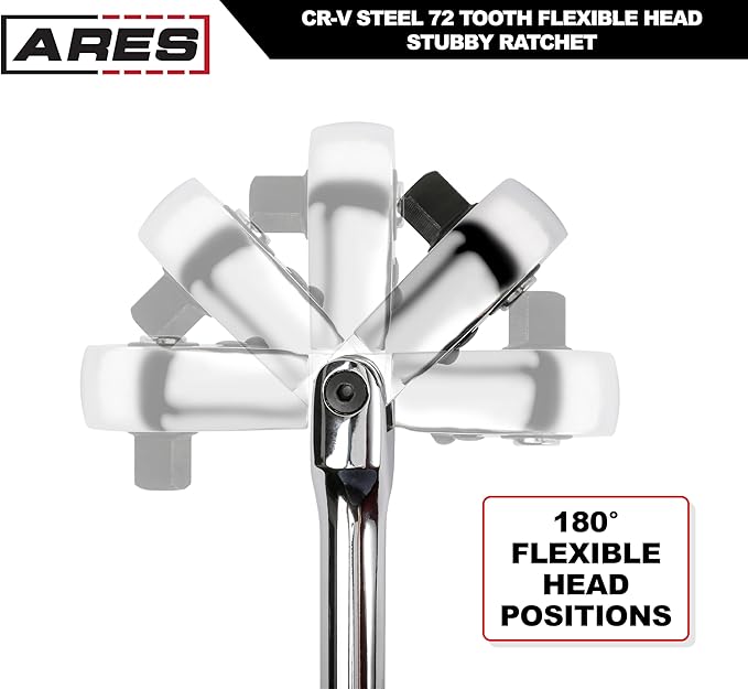 ARES 42043 - Flex Head Stubby Ratchet - 1/4-Inch Drive 72-Tooth Ratchet - Premium Chrome Vanadium Steel Construction & Mirror Polish Finish - Quick Release Reversible Direction Head Design